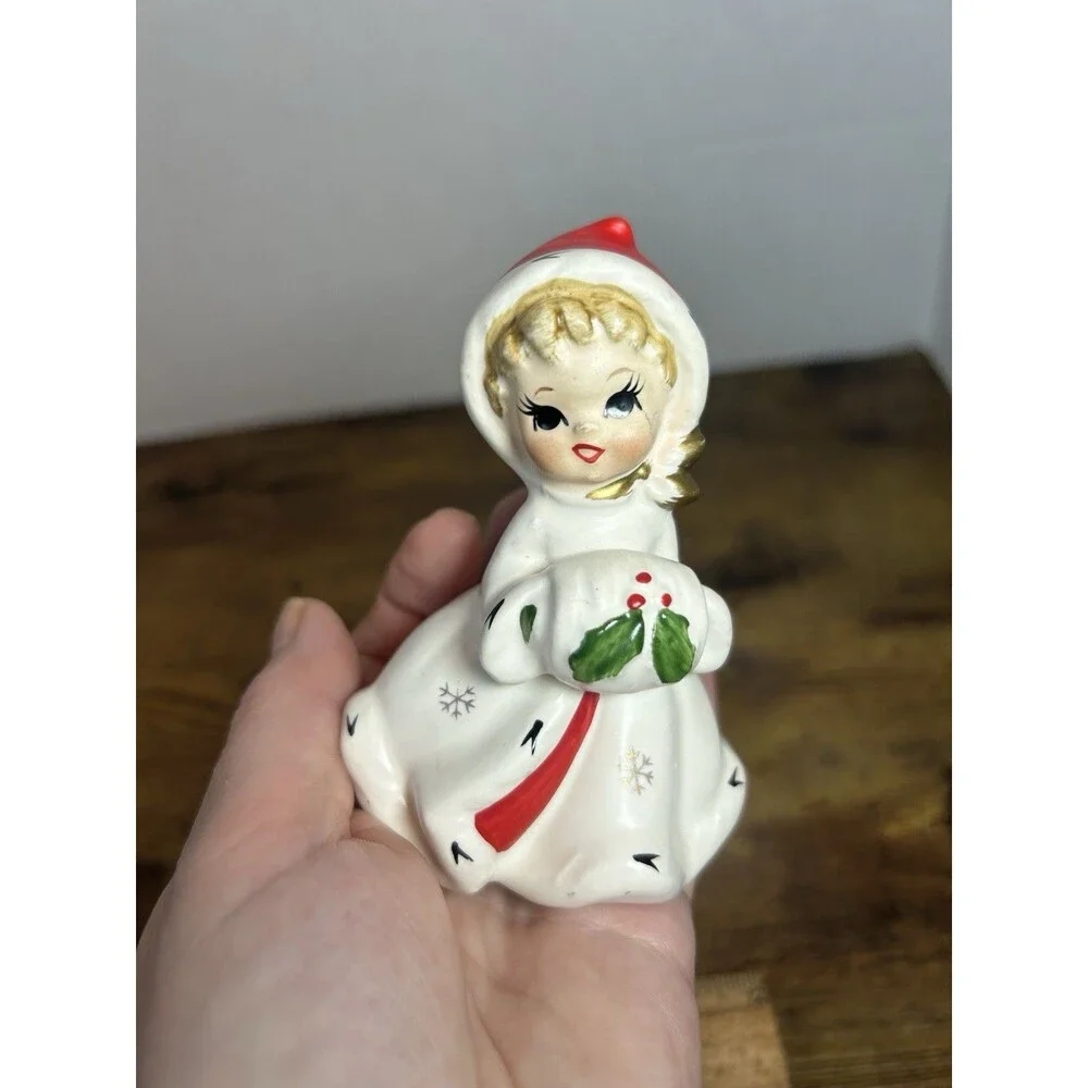Vintage Napco Christmas Girl Bell Figurine White Coat Holly Japan 4” Tall Decor